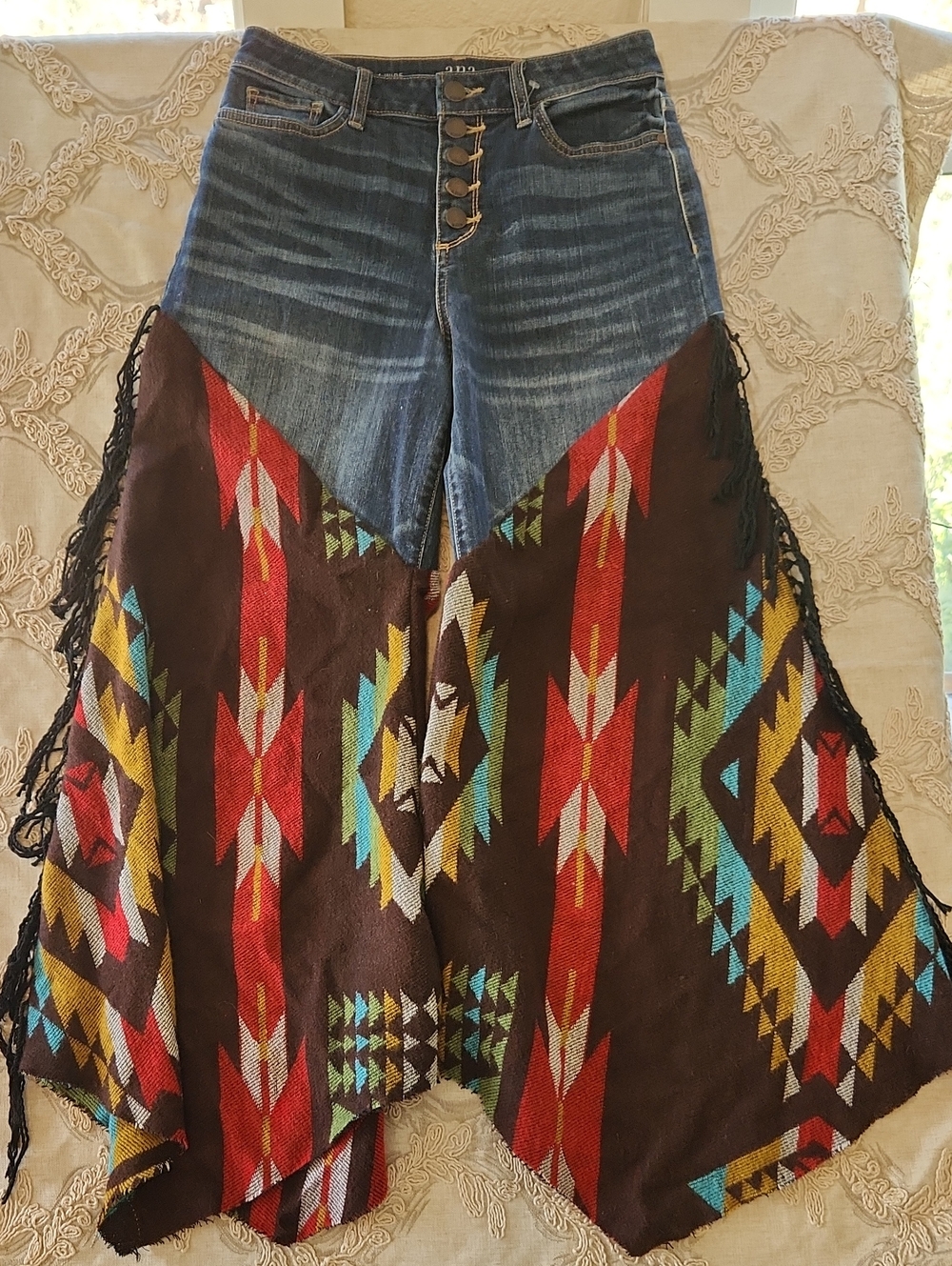 a.n.a Blue Denim Jeans with Brown Aztec Flare Panels